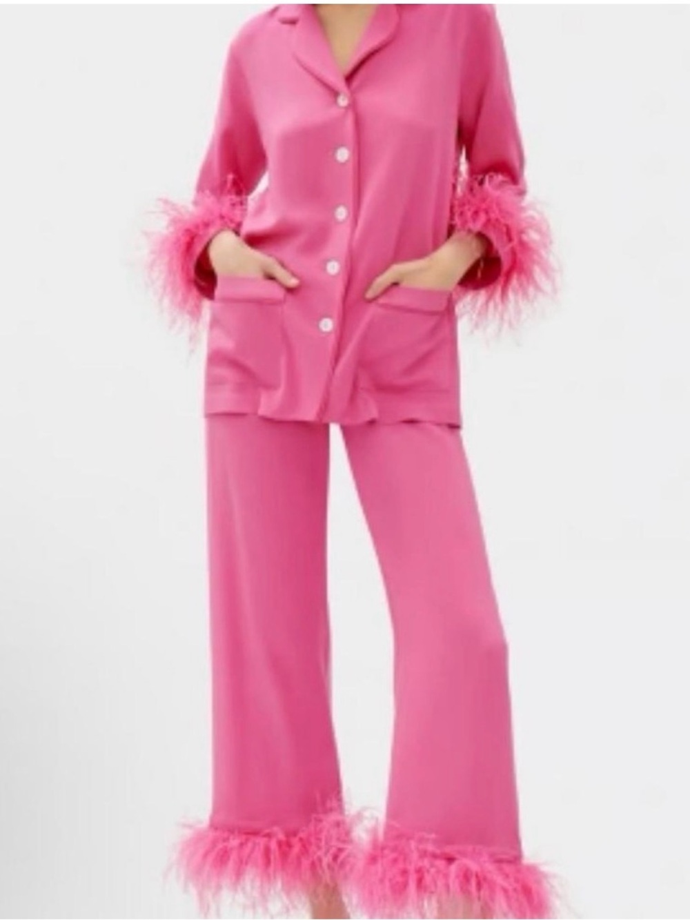 Sleeper Pink Feather-Trim Wide-Leg Pajama Set